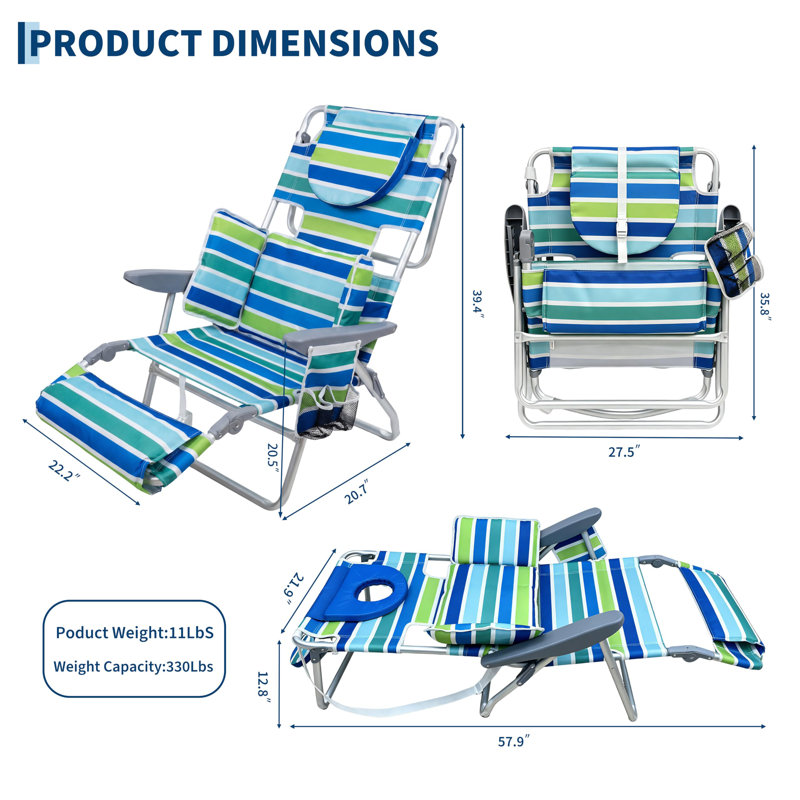 Chaise de plage pliante 3-en-1 pour adultes - Sac à dos portable avec trou pour le visage, repose-pieds réglable, 5 positions d'inclinaison, poche de rangement, porte-gobelet, barre à serviettes, capacité de 330 lb, 2 pièces