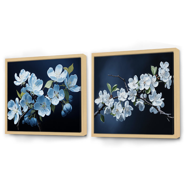 Élégance monochrome blanche à motif de fleurs de pommier blanc, H 16 po x l 33 po, Cadre flottant brun