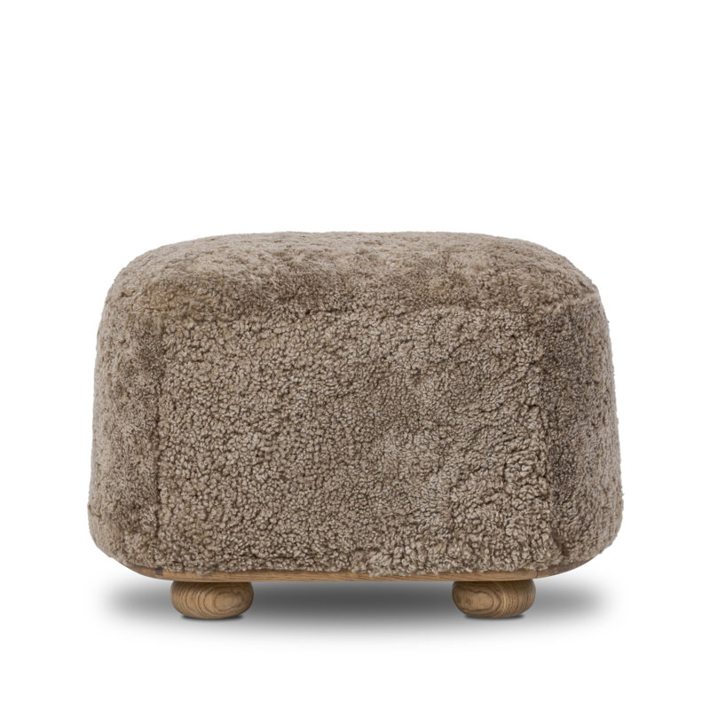 Bilbury Oval Ottoman-Taupe Shearling, Taupe Genuine Fur, Worrn Oak