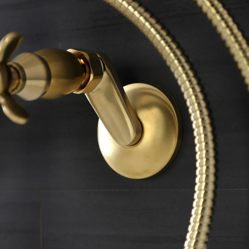 Kingston Brass Essex Three-Handle 2-Hole Wall Mount Clawfoot Tub Faucet with Handshower, Brushed Brass
