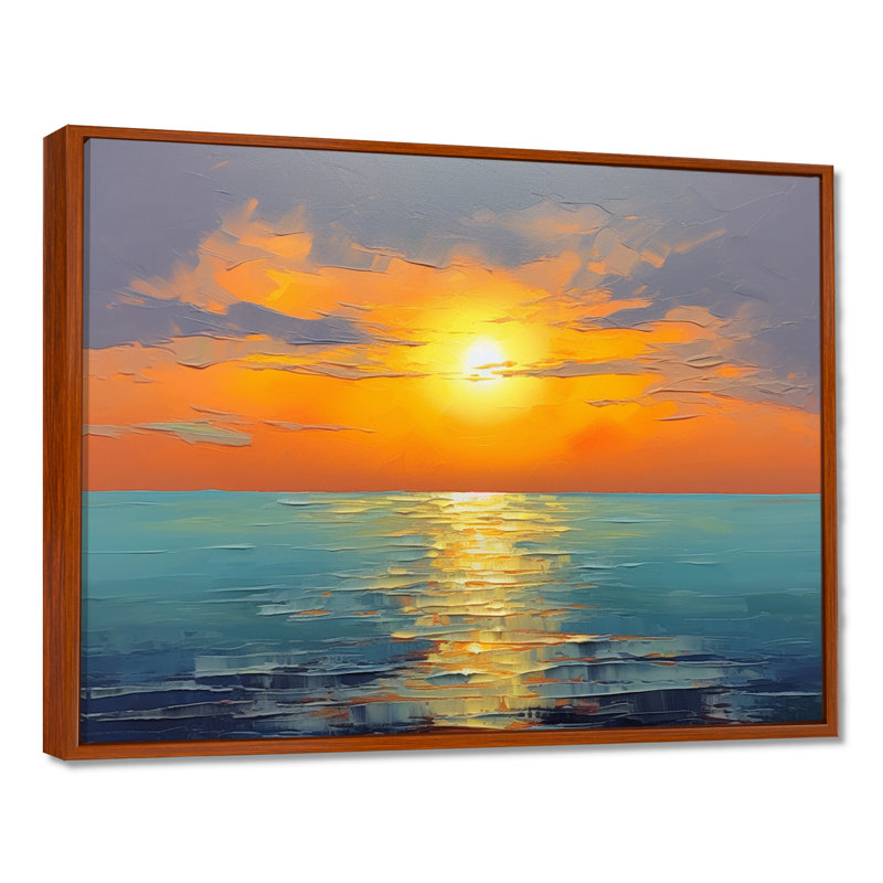 Bord de mer, sérénité orange, coucher de soleil bleu, vagues sereines - coucher de soleil, Toile avec cadre flottant brun