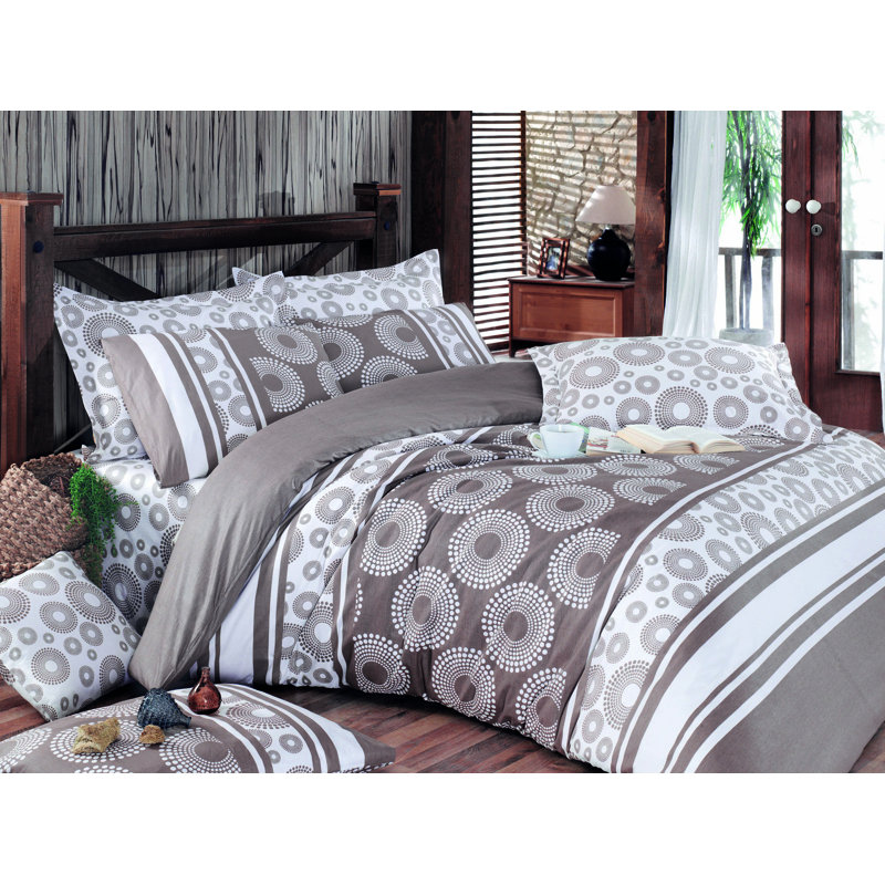 Ensemble de housse de couette double Luxury Ranforce, 100% coton, 78,7 po x 86,6 po | Comprend 2 taies d'oreiller (19,7 po x 27,6 po) | Lavable à la machine, 140 fils, élégant design brun et crème avec fermeture à boutons
