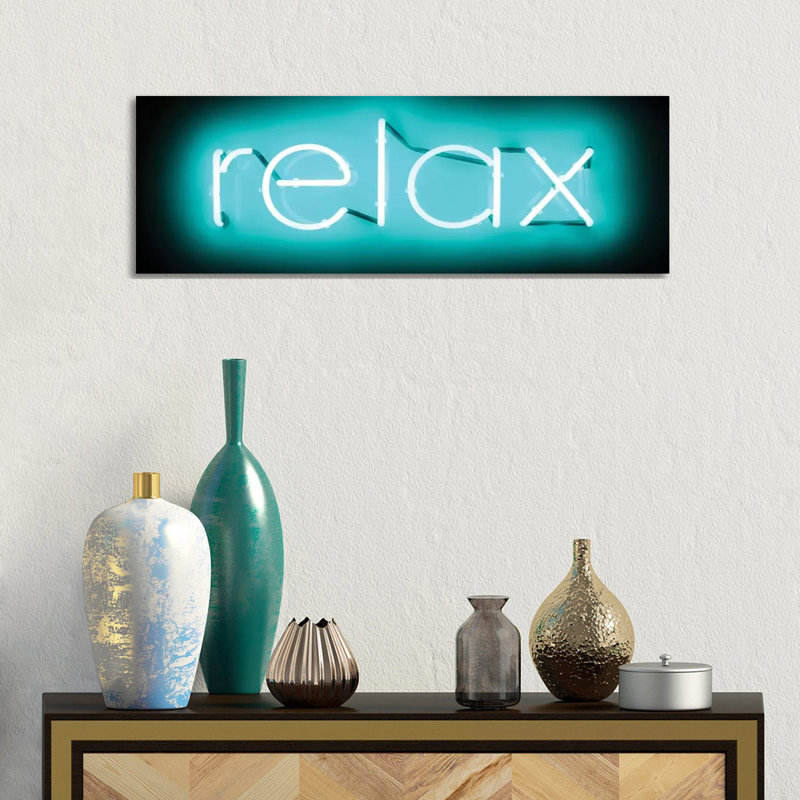 Neon Relax Aqua On Black by Hailey Carr - Wrapped Canvas Panoramic Print, 30.48 cm H x 91.44 cm W x 1.91 cm D