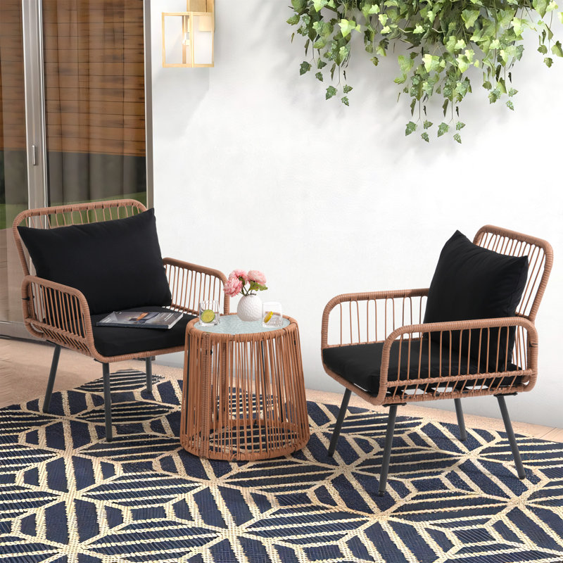 3 Piece Rattan Seating Group With Cushions, Black