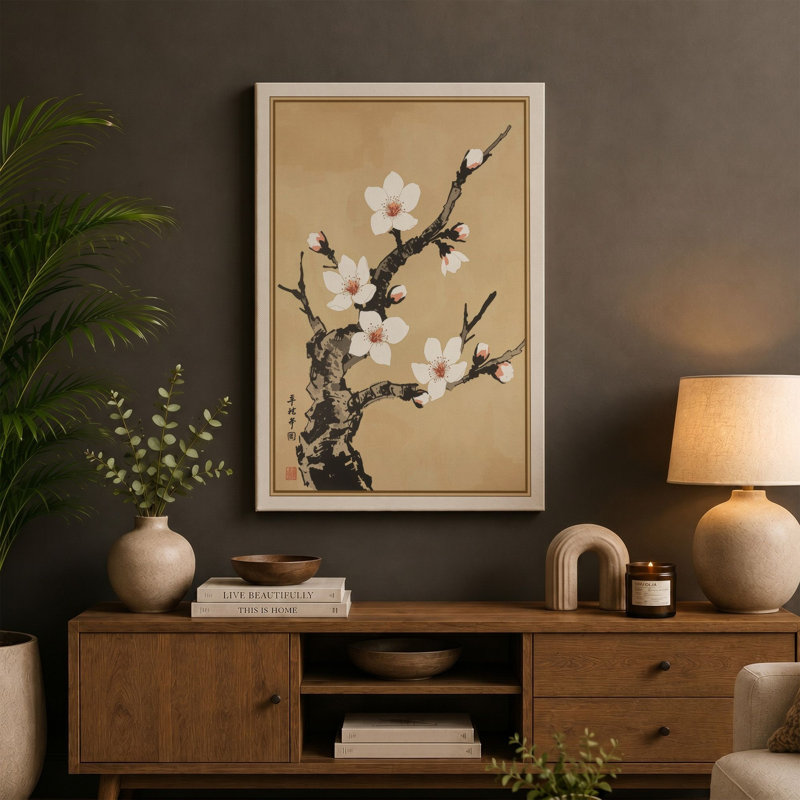 Blossoms on Branch Japandi - Wrapped Canvas, 30x20 - 76.2 x 50.8 cm, Ochre Border