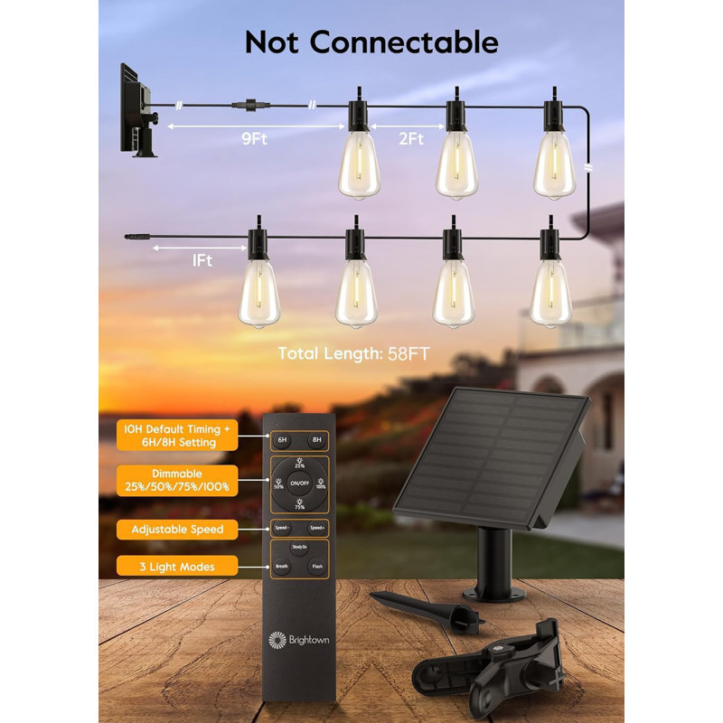 Outdoor Solar String Lights Waterproof 58FT with 25 Shatterproof ST38 LED Bulbs, with Remote