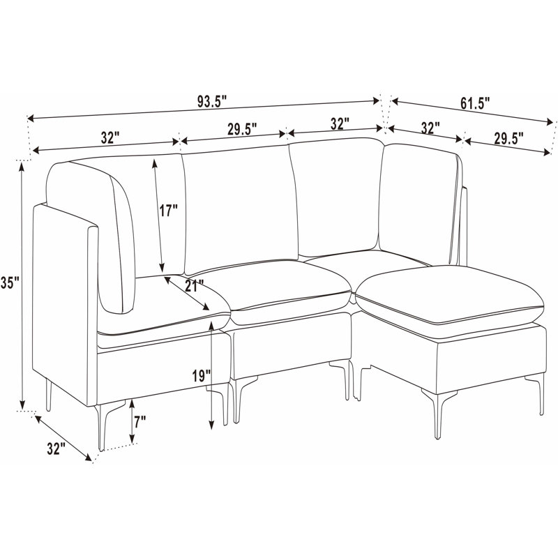Canapé modulaire en lin avec pieds en métal, 35" H x 93.5" W x 61.5" D, Left Hand Facing, Dark Blue Linen