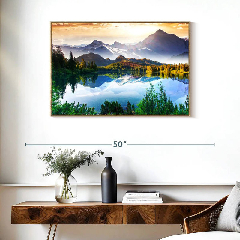Montagne et lac au lever du soleil, Cadre flottant en bois naturel, 37 po x 25 po