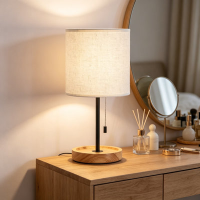 Lampe de table moderne avec base en bois et abat-jour en lin, lampe de table de chevet pour chambre à coucher, salon, bureau, dortoir universitaire, interrupteur à chaîne, homologué UL, base standard E26
