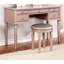 Meuble-lavabo de style contemporain pour chambre à coucher, couleur or rose, miroir pliable, cinq tiroirs et un tabouret rond rembourré gris, finition classique en bois d'hévéa, trois pièces de rangement solides