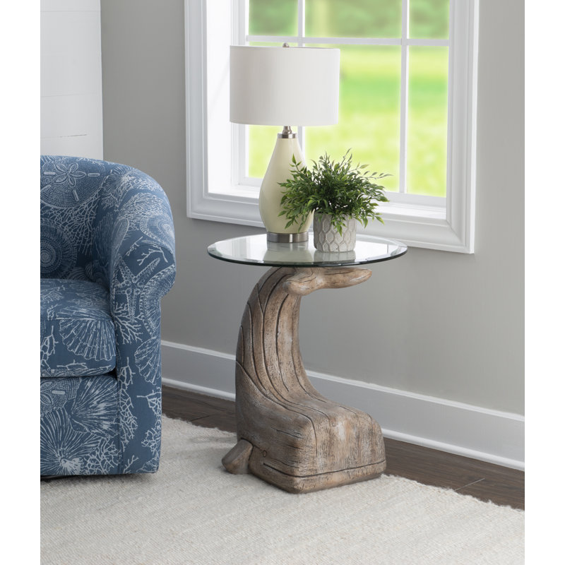 Alaiza the Whale Glass Top Beveled Base End Table, Black Top/Brown Base