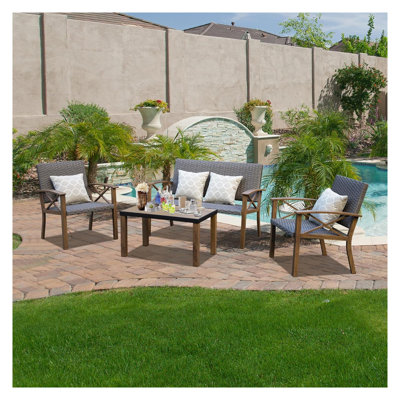 Ensemble de meubles de patio en aluminium 4 pièces - Ensemble de conversation moderne pour l'extérieur avec table basse à grain de bois, canapé de jardin résistant aux intempéries et chaises