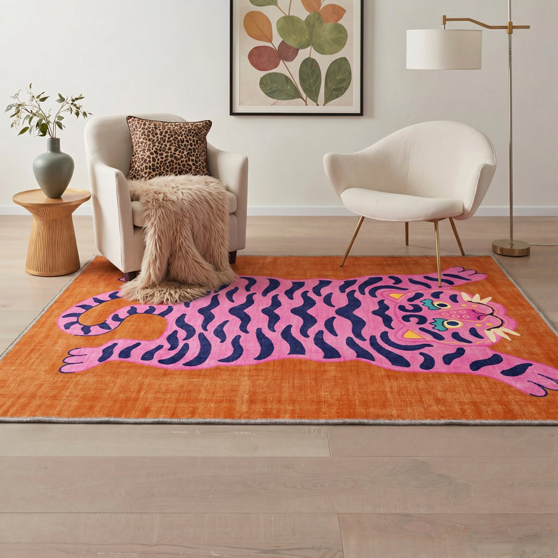 Tigris Animal Print Machine Washable Red / Pink Area Rug Indoor with Non-Slip Backing, Rectangle 5' x 7'
