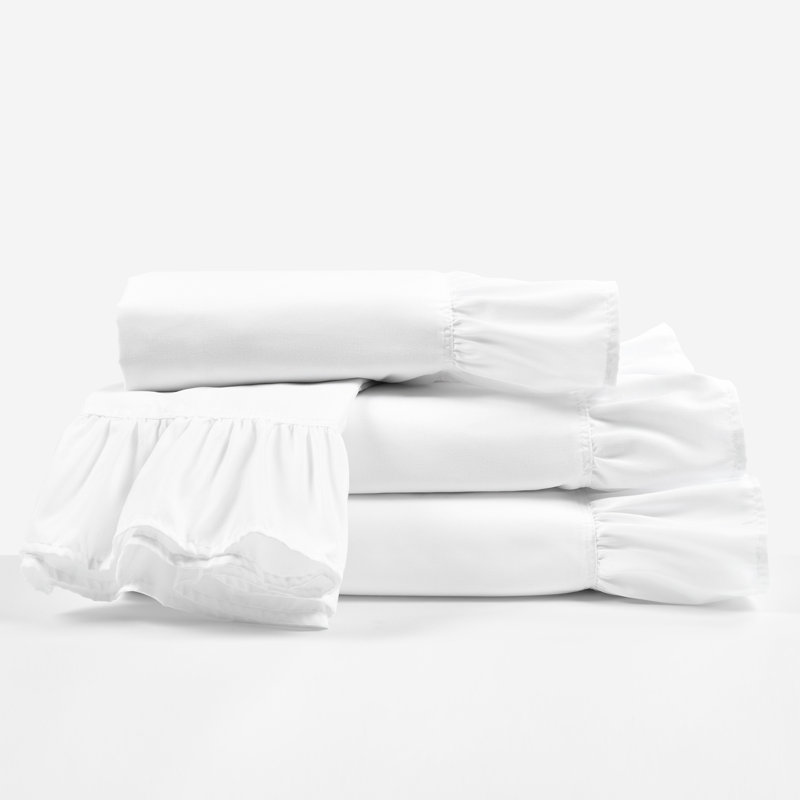 Reyna Ruffle Microfiber Sheet Set, Queen Sheet Set with Fitted Sheet and 4 Pillowcase, White