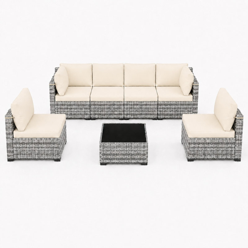 Ensemble de conversation d'extérieur en rotin 7 pièces avec coussins pour patio - gris / beige, Grey/Beige