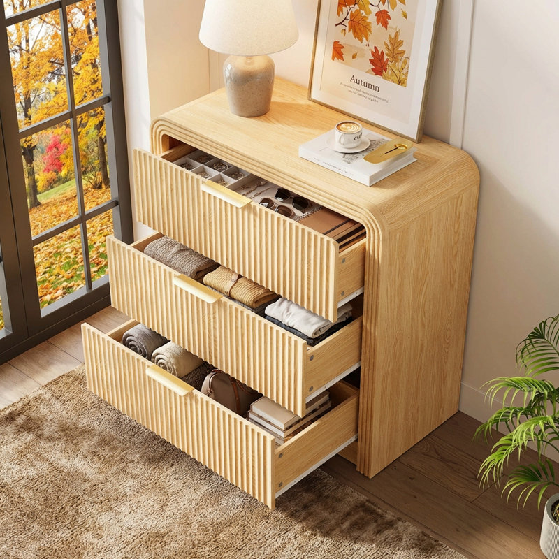 Fluted 3 Drawers Dresser, 31.5" Wide Modern Chest Of Drawers With Round Edge & Metal Handle, Wood Storage Organizer For Bedroom/Living Room/Entryway (Natural Oak)