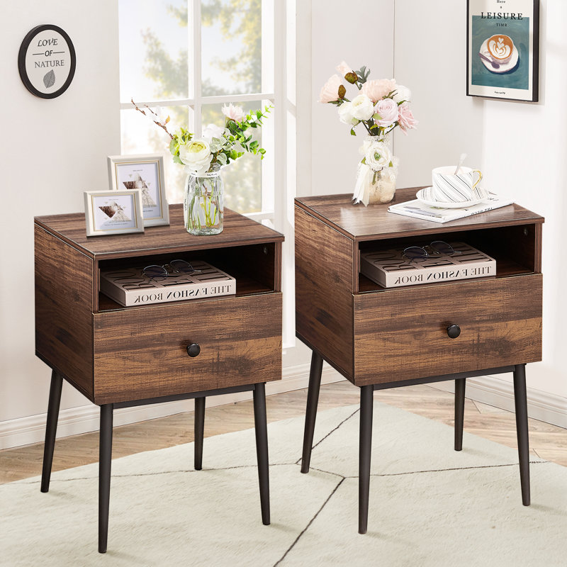 Ensemble de 2 tables de chevet brun avec tiroir et tablette ouverte, petites tables de chevet / tables d'appoint étroites pour chambre à coucher, salon, dortoir, appartement, entrée, bureau, tables de bout modernes avec rangement pour petits espaces