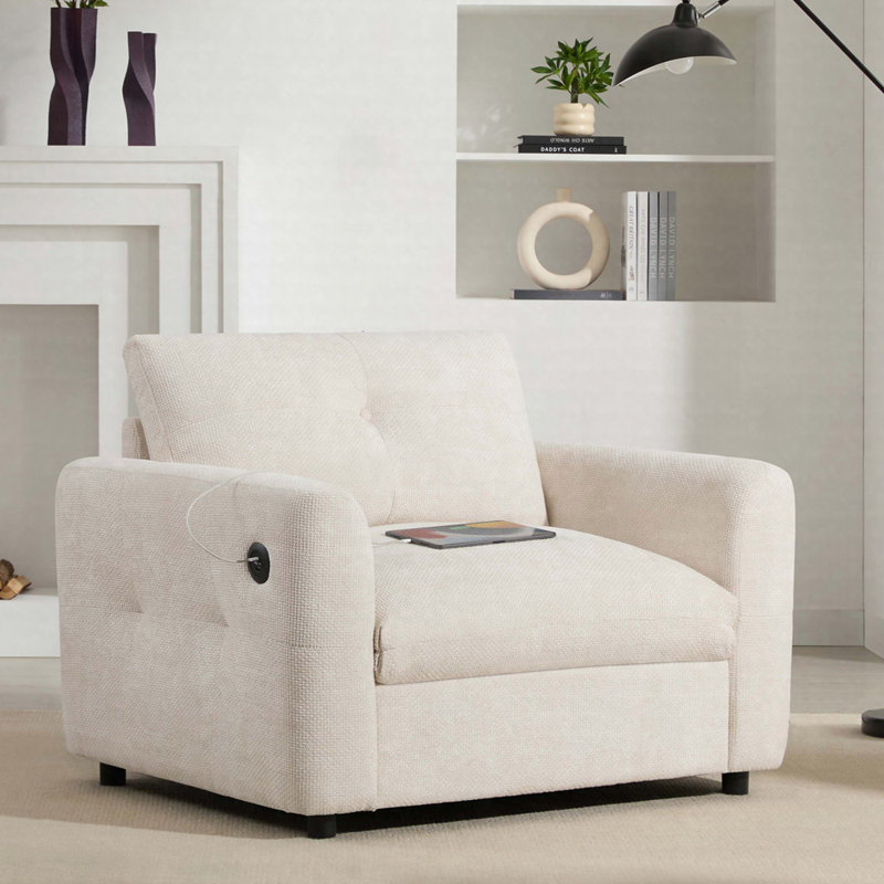 Fauteuil à siège large avec chargeur à deux ports, conception capitonnée et mousse haute densité, Beige
