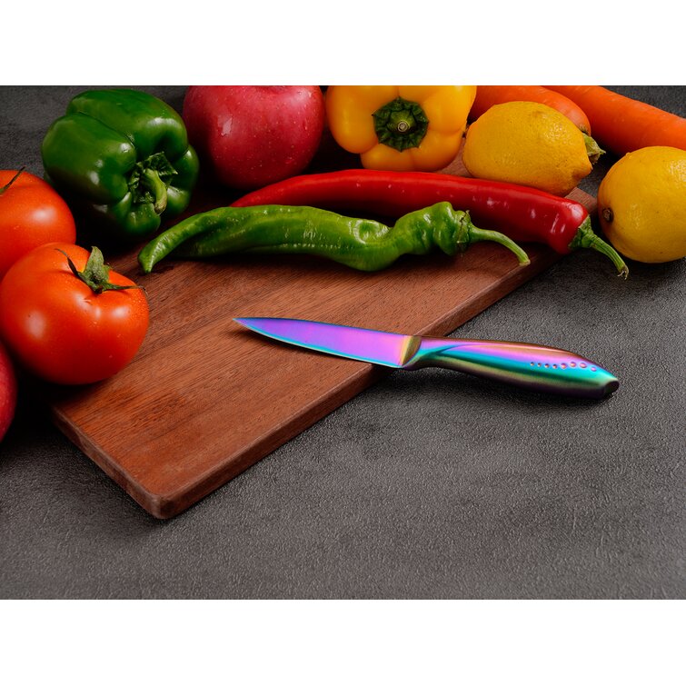 WELLSTAR Paring Knife 3.5 inch, Razor Sharp German Steel Blade and Comfortable Finger Guard Stainless Steel Handle with Rainbow Titanium Coating Wells