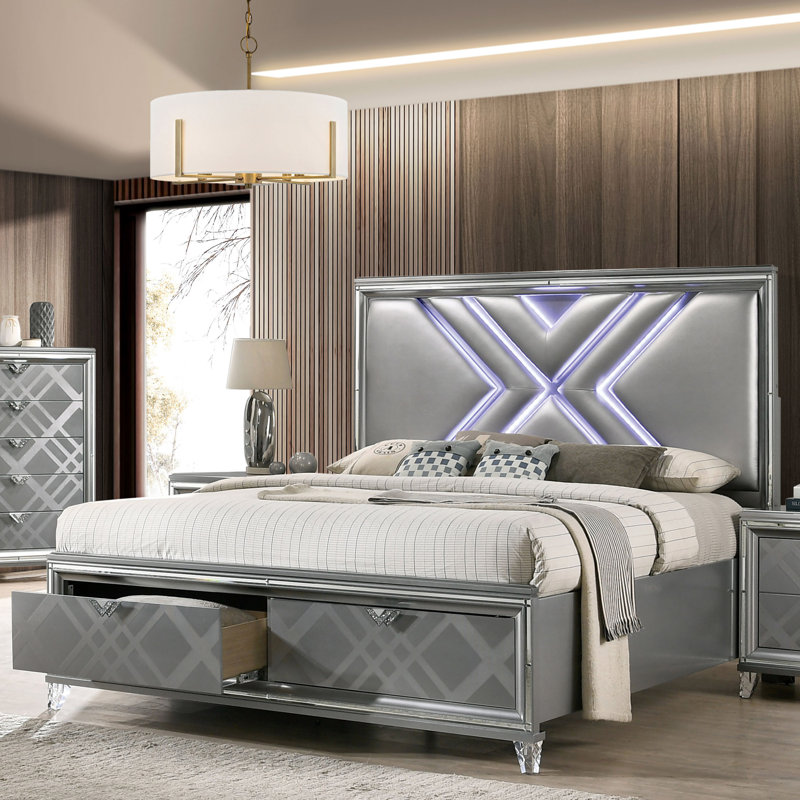Waldrup Vegan Leather Platform Bed, Queen, Silver