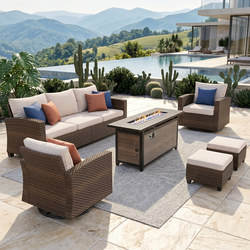 5 - Person Outdoor Wicker Patio Conversation Set with Swivel Chairs, Beige, Yes