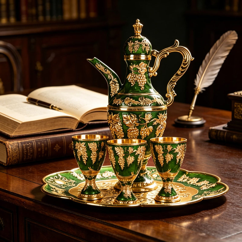 Vintage Turkish Tea Set with Metal Teapot, Gold Green Porcelain Cups and Serving Tray, Traditional Coffee and Tea Serving Kit for Home