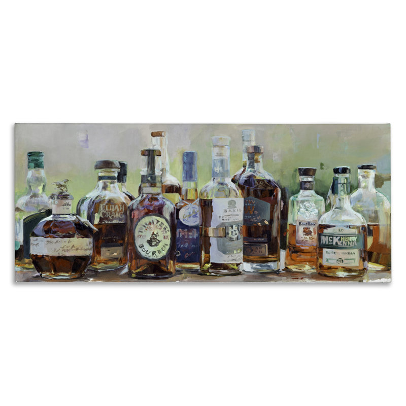 Toile rétro avec bouteilles de whisky, design par Marilyn Hageman, 17 x 40