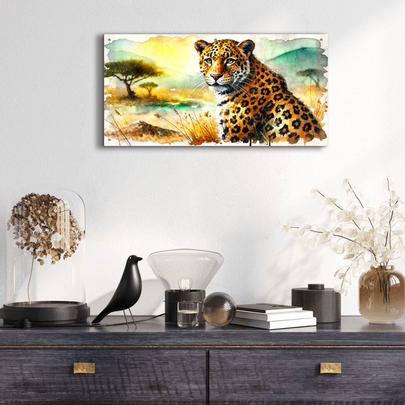 «Leopard Watercolor» par Rey Klimt, art mural en verre acrylique, 48 po x 24 po