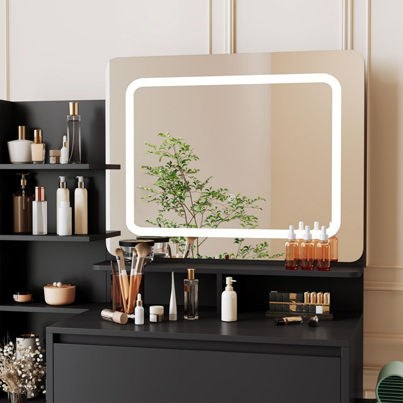 Makeup Vanity Desk with Mirror and Lights - 36" Vanity Table Set with 4 Drawers, Power Outlet, USB Ports, Stool, Dressing Table with 3 Lighting Color Adjustable Storage Shelves for Bedroom, Women
