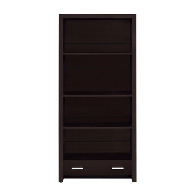 Four-shelf Bookcase With Cappuccino Finish And Storage Drawer, Contemporary Style, Construction, Closed Back 4-shelf Lower Smooth Metal Glides, Design