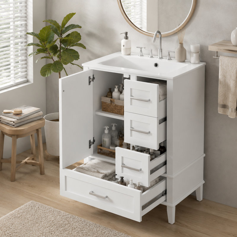 Meuble-lavabo autoportant blanc minimaliste avec quincaillerie et rangement argent