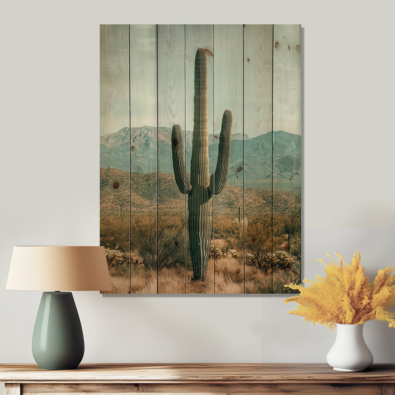 Cactus And Mountains II - Floral Cactus Wood Print - On Natural Pine Wood, 20" H x 10" W x 0.78" D