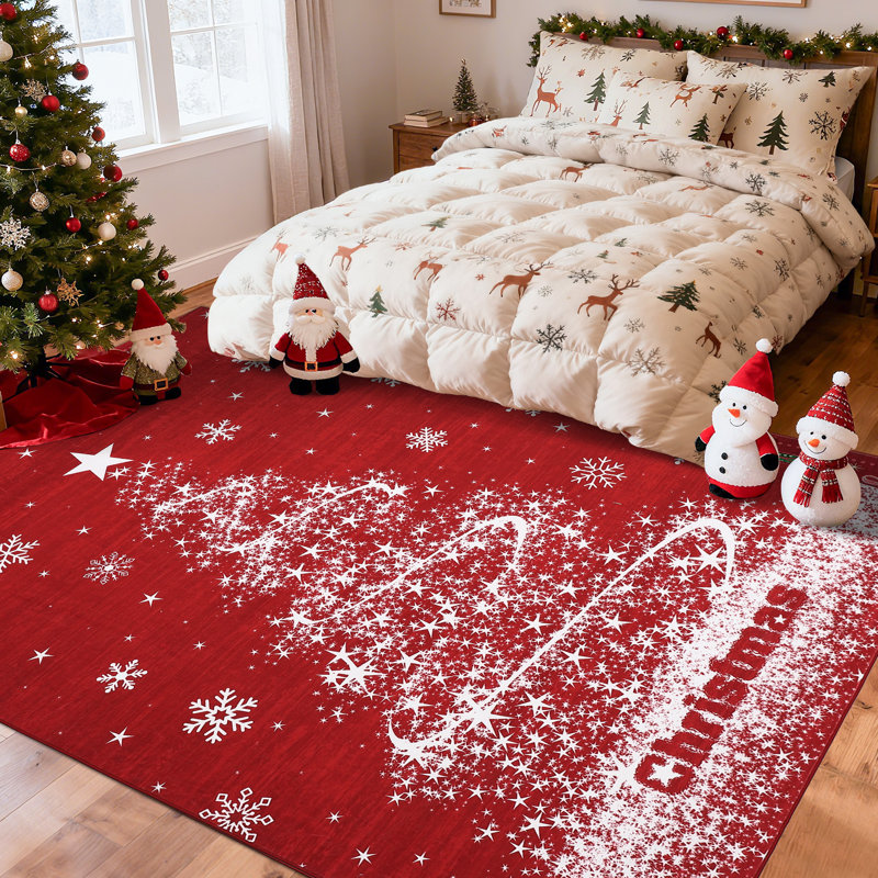 Tapis lavables pour le salon, tapis rouge Merry Christmas Tree, Rectangulaire 8 pi x 10 pi
