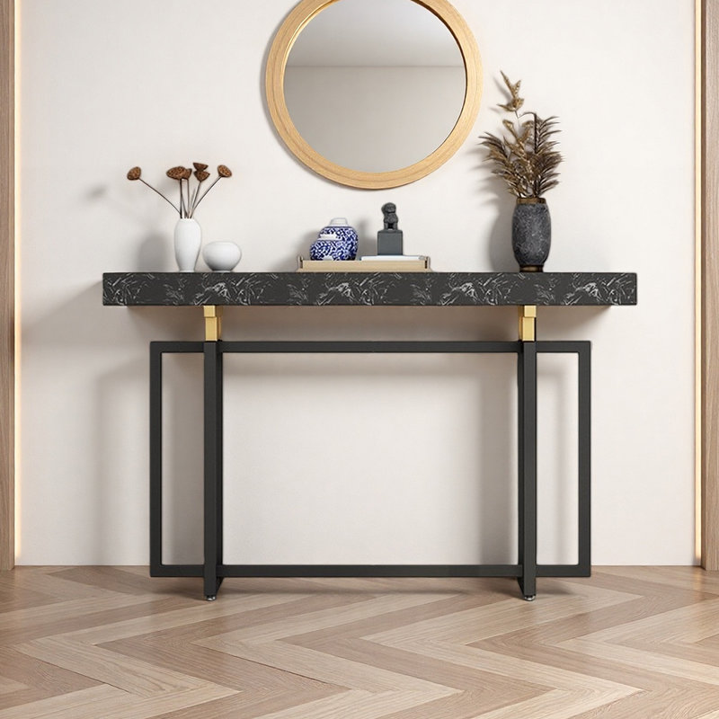 Console moderne en métal effet marbre, Noir, Noir et or, H 31,5 po x l 59,06 po x P 11,81 po