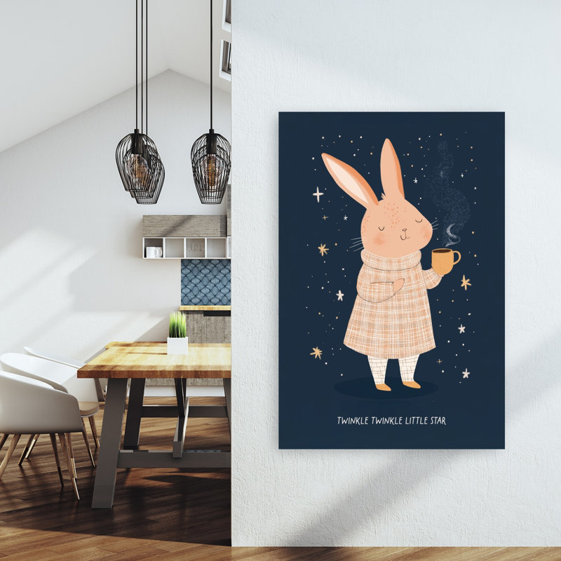 Cozy Bunny Night Peaceful Abstract Contemporary Rabbit Forest Landscape Wall Art Print by Mathieu - Wrapped Canvas Print