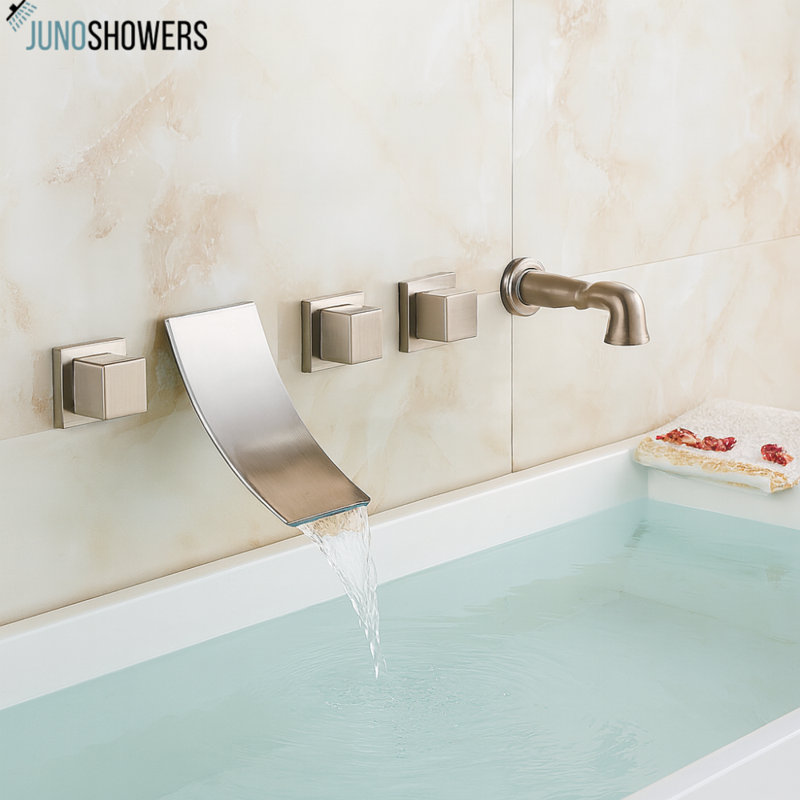 Juno Wall Mounted Brushed Nickel Bathtub Shower Faucet Mixer Tap With Hand Held Shower