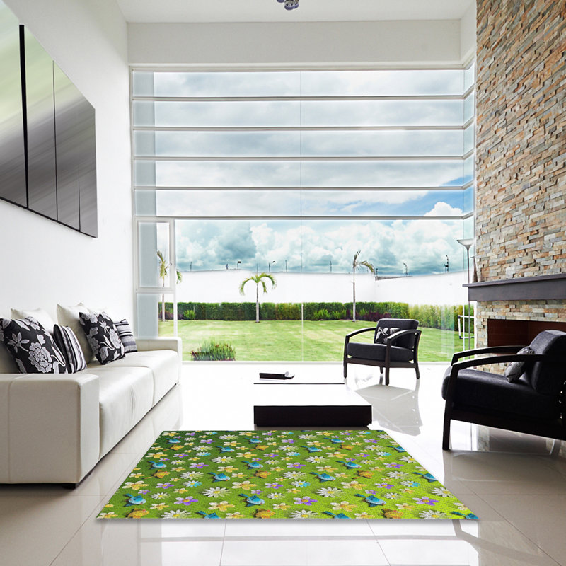 Tapis vert/jaune à motifs, Carré 3 pi