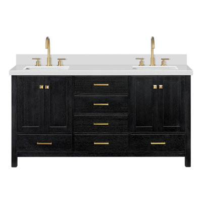 Meuble-lavabo double autoportant de 67 po avec plateau en quartz Grevera