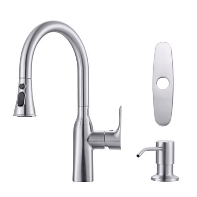 Stainless Steel 3-function Single Handle Pull Down Kitchen Faucet With Deck Plate And Soap Dispenser