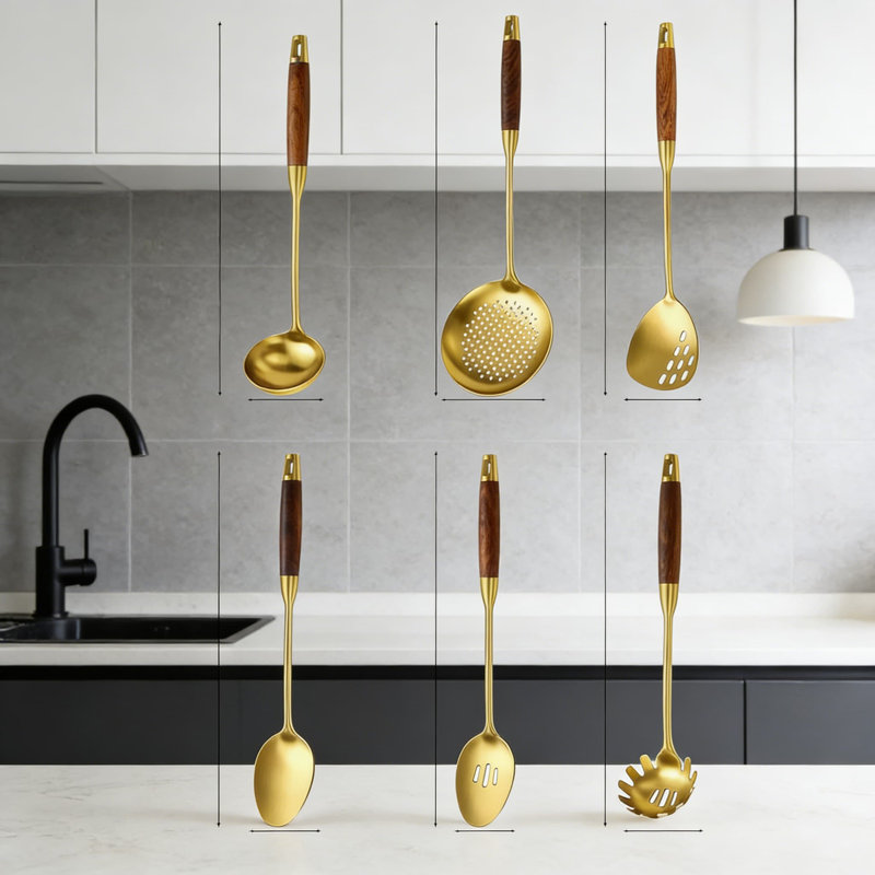 Ensemble d'ustensiles de cuisine 6 pièces en acier inoxydable avec poignée en bois Professional - Spatule, cuillère, louche, écumoire, cuillère à fentes, plat à pâtes pour cuisiner et servir