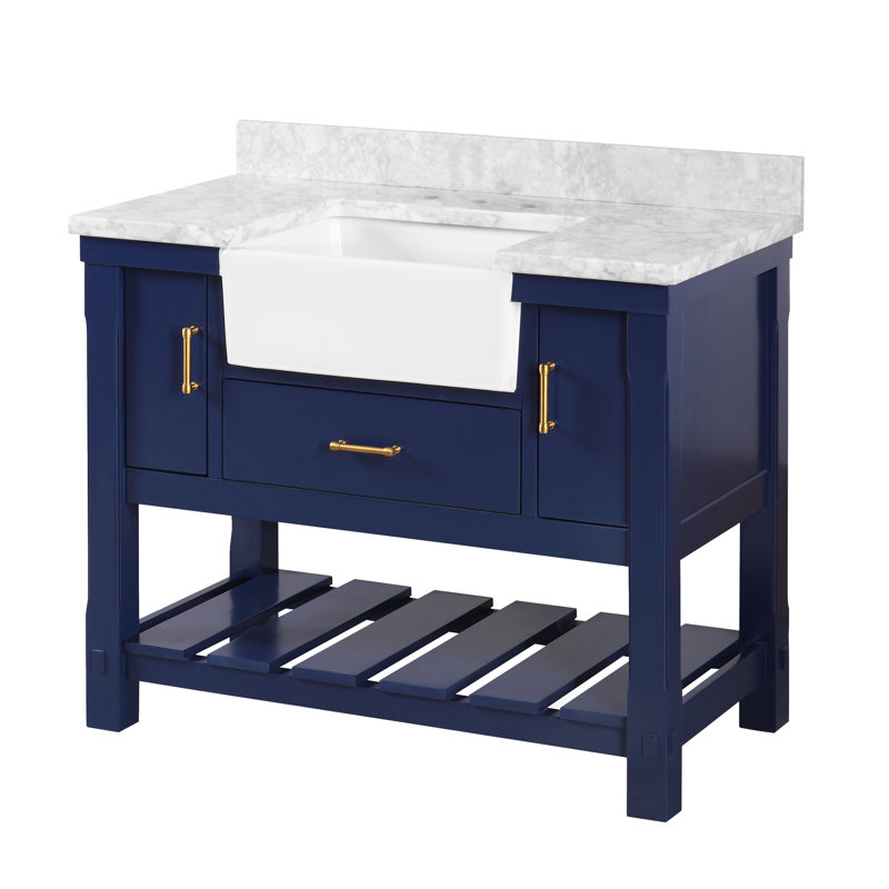 Hitton 42'' Single Bathroom Vanity with Top, Carrara Marble, Royal Blue
