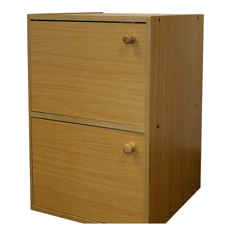 Bibliothèque en bois à 2 niveaux de 61 cm de haut avec portes, tablette de rangement en bois d'hévéa finition naturelle pour bureau ou salon