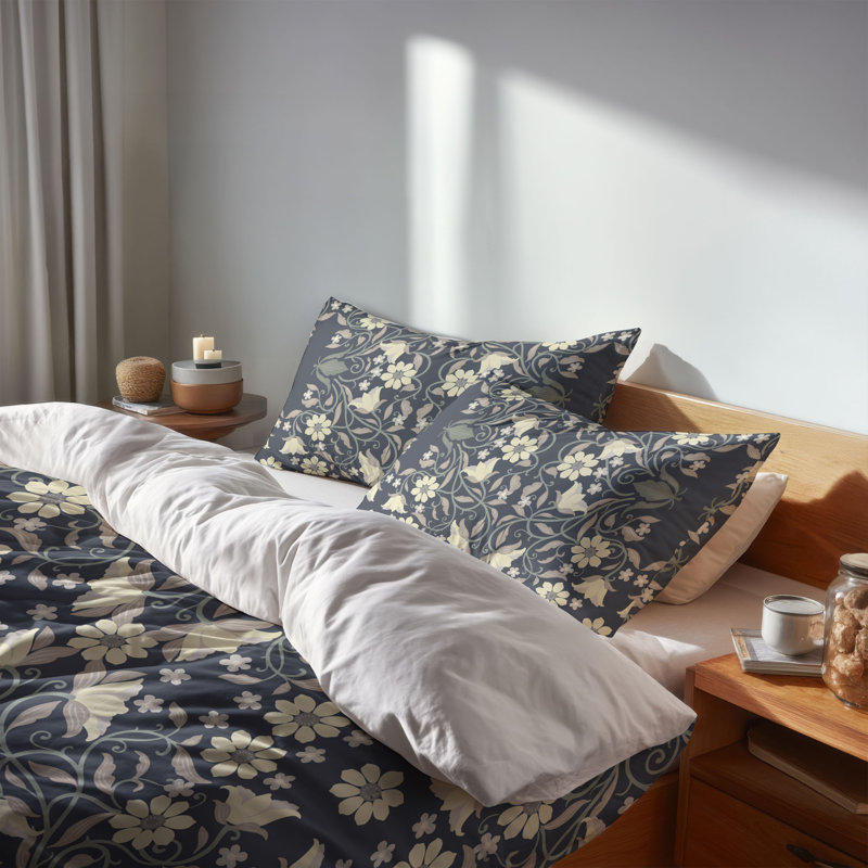 Ensemble d'édredon léger Colette, Édredon simple + 2 taies d'oreiller standard, Motif floral marine