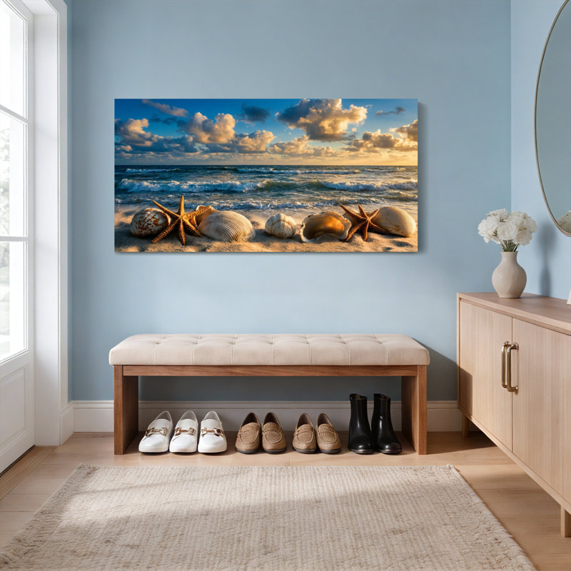 Tableau sur toile tendue représentant une scène de plage avec coquillages et étoiles de mer (lot de 1), H 12 po x l 36 po
