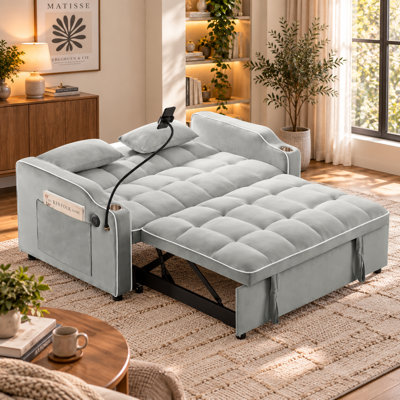 3-in-1 Convertible Velvet Loveseat Sleeper Sofa Bed, Pull-Out Recliner with Adjustable Backrest, USB & Type-C Ports, Phone Holder, Cup Holders and Side Pockets