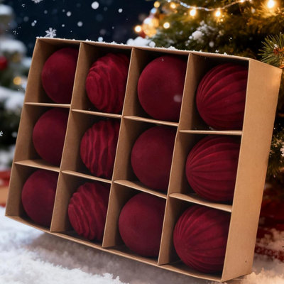 12 boules de Noël en velours - (3,15 pouces) avec boîte de rangement, 3 styles lisses et plissés, ornements en velours pour arbre, décor de Noël élégant, décor suspendu incassable