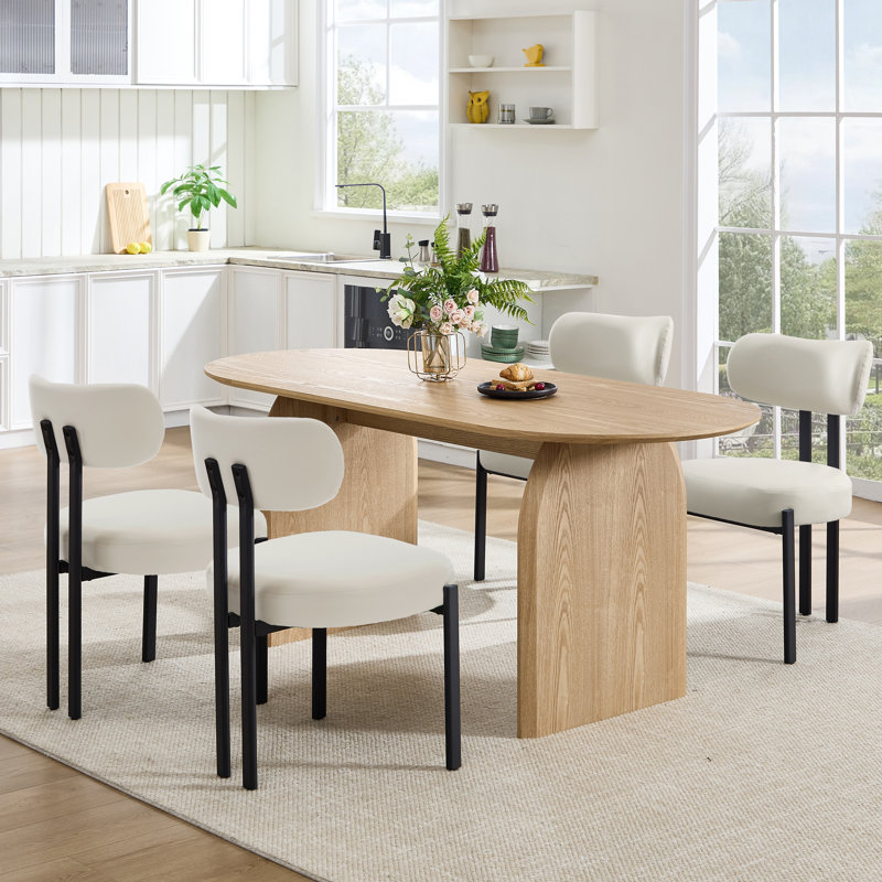Modern Dining Table Set, 71'' Oval Dining Table With Solid Wood Legs And Upholstered Seat Side Chair For Kitchen/Dining Room