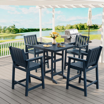 HDPE 5-Piece Adirondack Patio Bar Set – Bar Height Table (Umbrella Hole) & 4 Slatted Chairs – All-Weather for Backyard, Balcony, Poolside