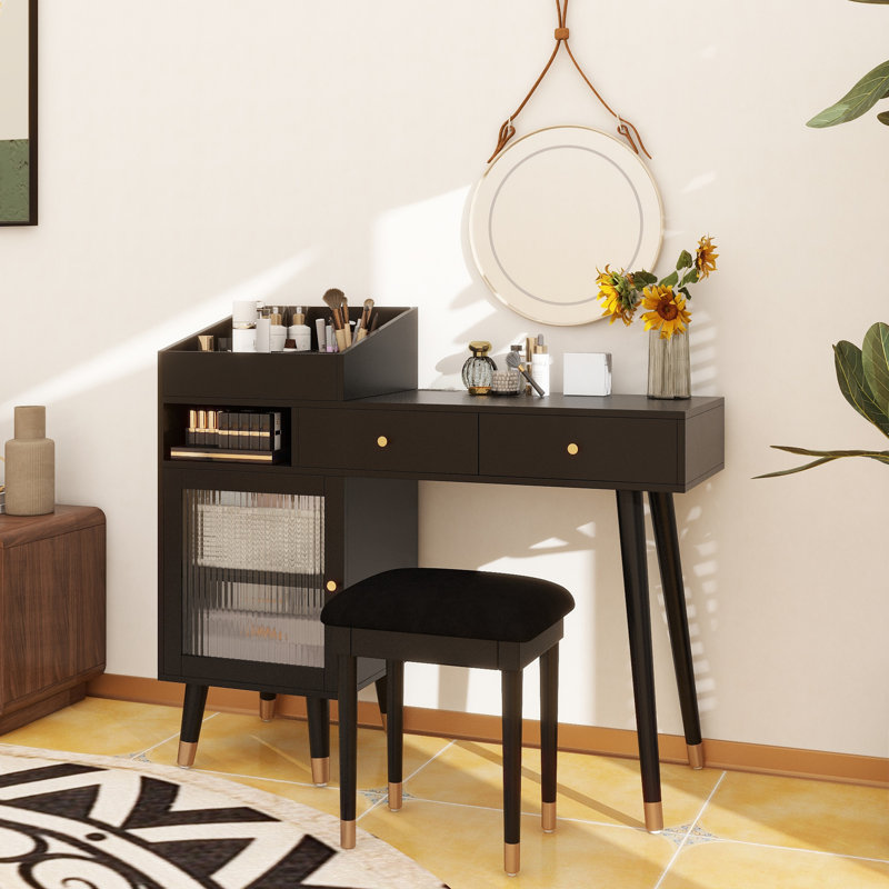Ensemble de coiffeuse moderne avec tiroirs, armoire et port de charge, ensemble de coiffeuse avec tabouret pour petits espaces