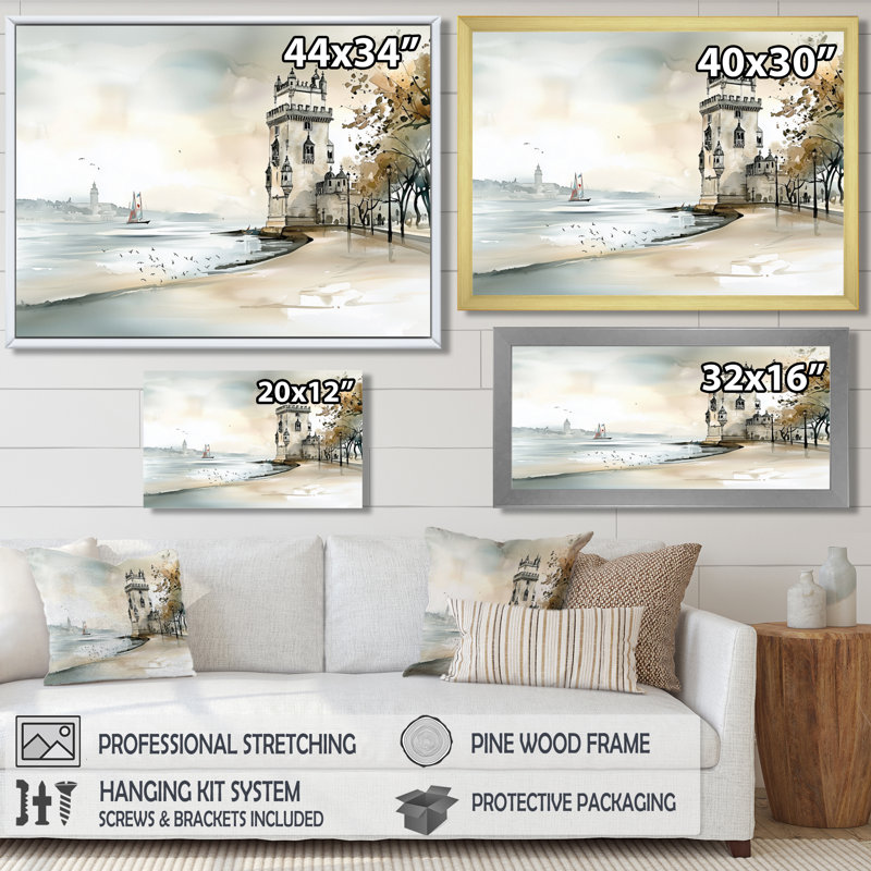 Belm Tower In Portugal - Portugal, art mural pour le salon, H 34 po x l 44 po, Cadre flottant blanc
